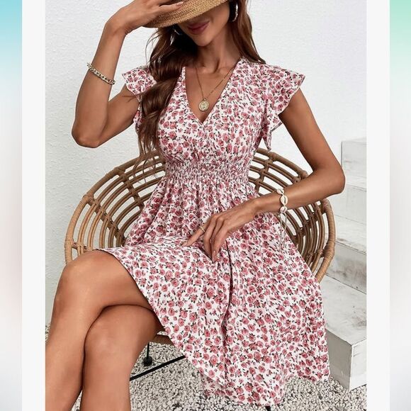 SHEIN M White Pink Rose Floral Faux Wrap Flutter Sleeve A-Line Dress - Picture 6 of 14